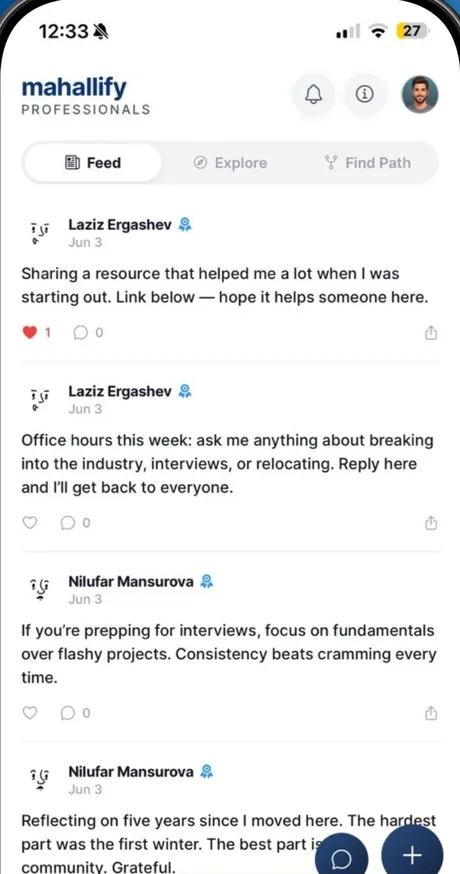 The Professionals feed with posts from community members